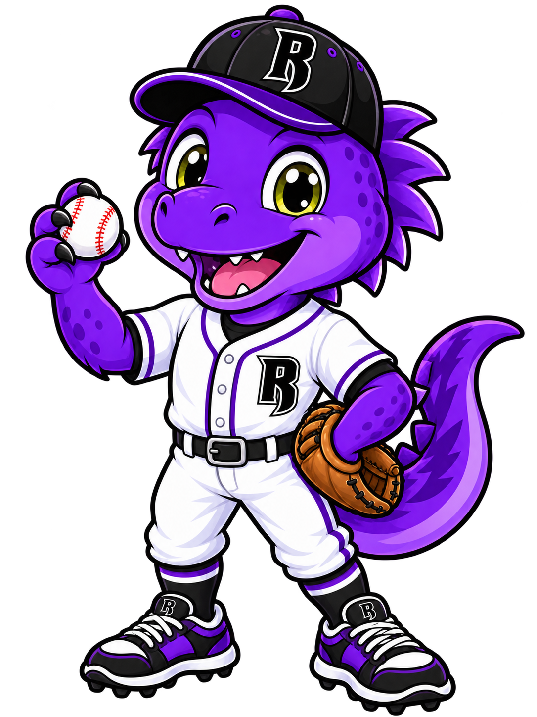 Roogy the Raptor holding a baseball and wearing his Raptors Baseball uniform